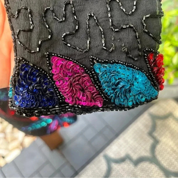 VINTAGE SILK CARINA SEQUIN Black Long Sleeve Shift Dress Beaded M - Picture 7 of 14